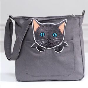 NWT Gray Canvas Black Cat Large Crossbody Bag